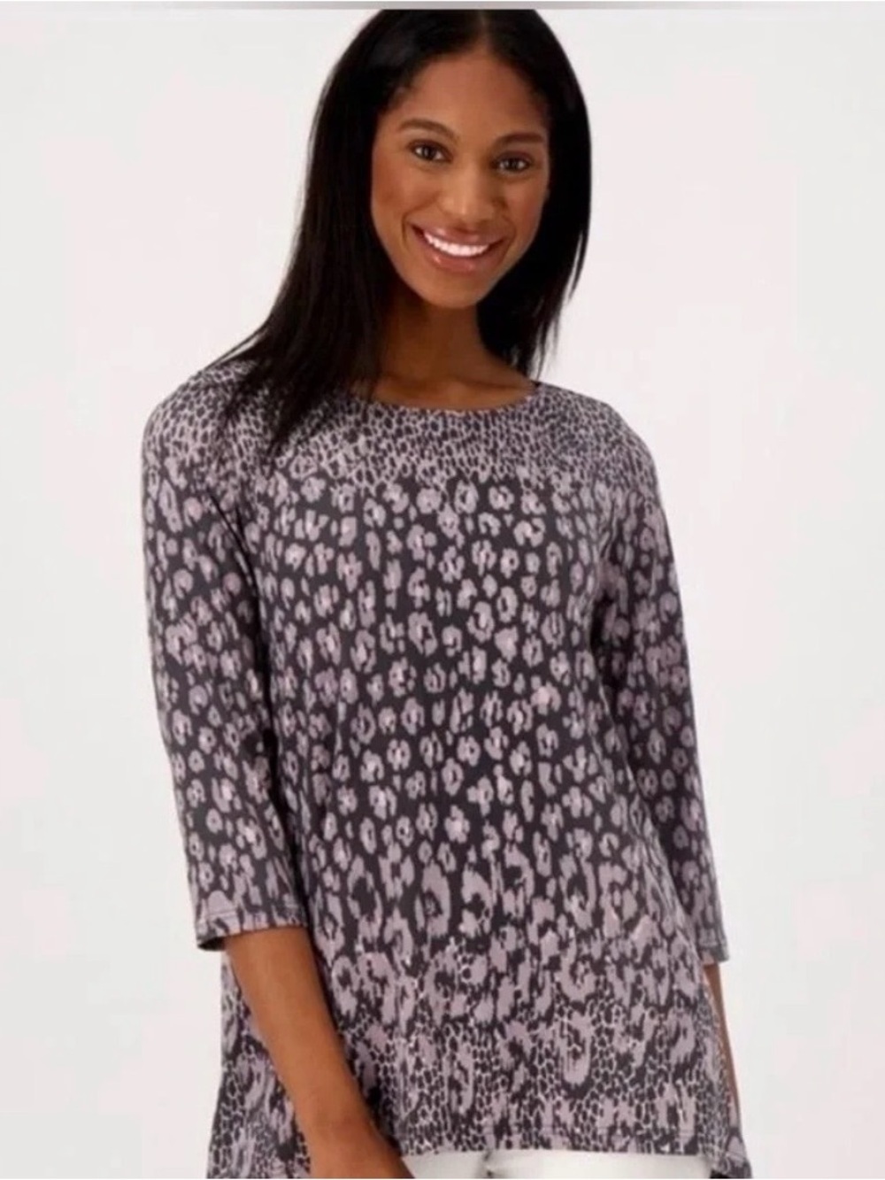 Belle Kim Gravel Womens Blouse Tunic Stretch 3/4 Sleeve Olive Pink Size Large